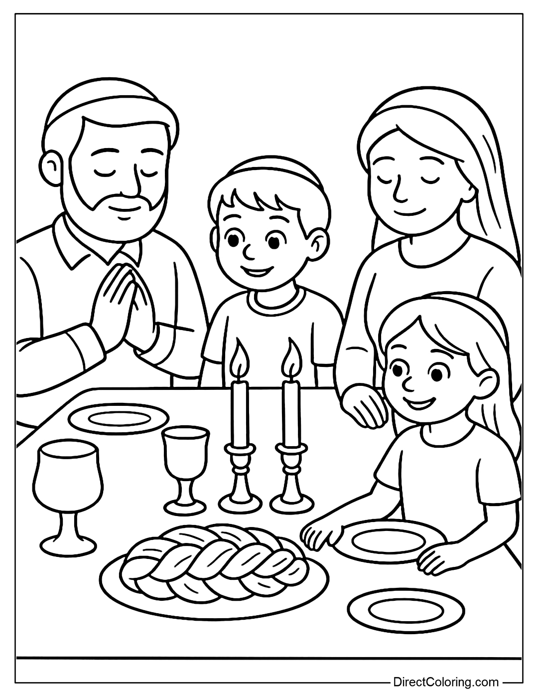 Jewish family having Sabbath dinner with challah, candles and wine.